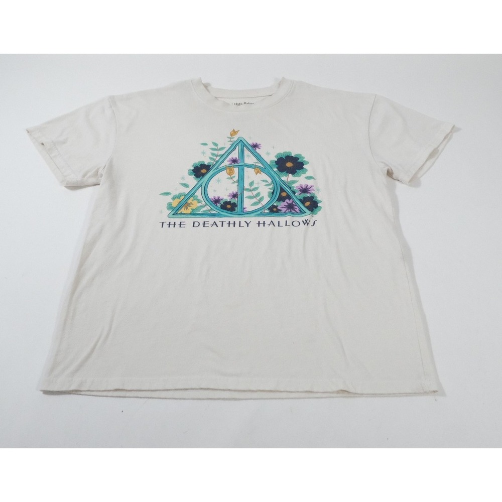 Harry Potter T-Shirt Womens L Cream Deathly Hallows Floral Graphic Short Sleeve